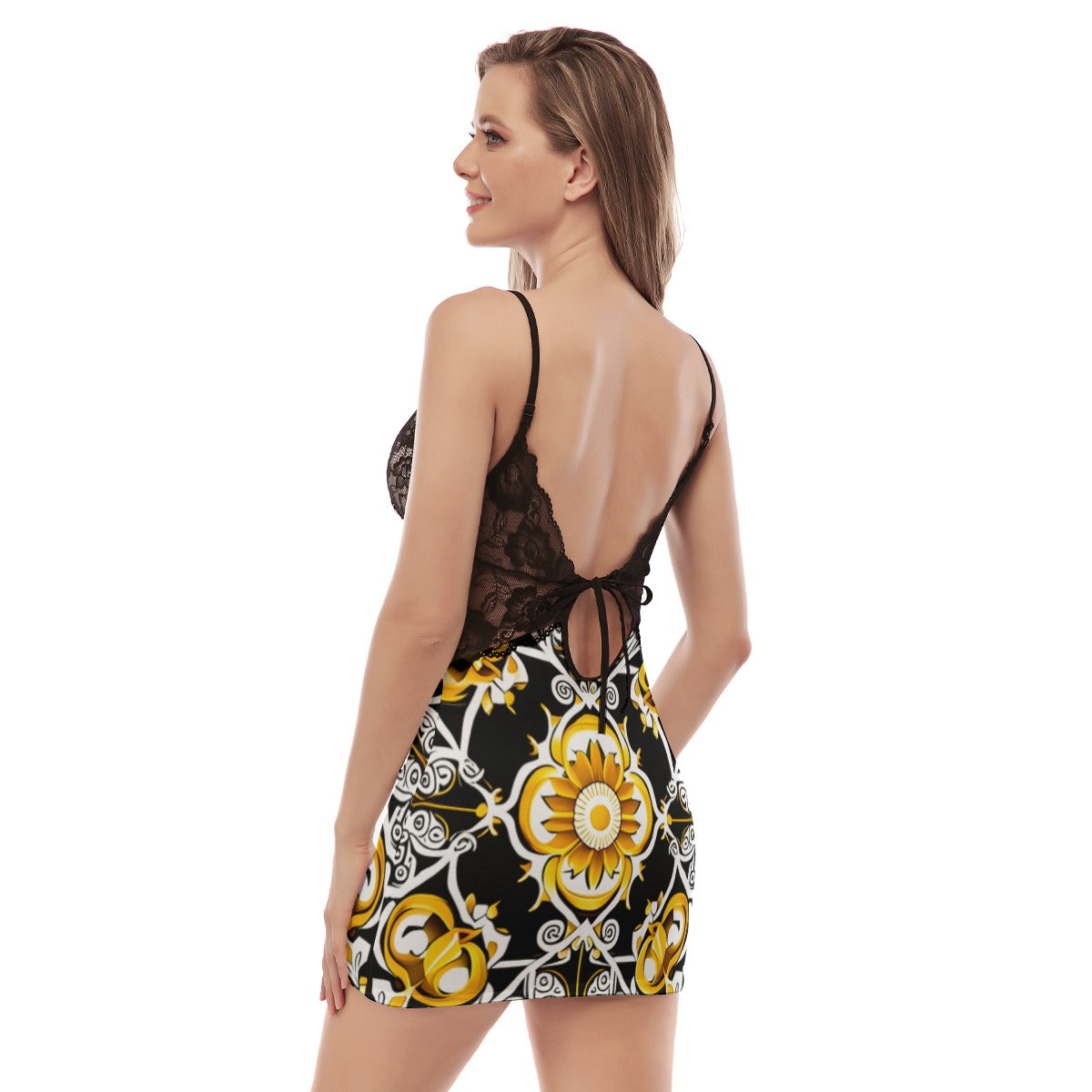 All-Over Print Women's Back Straps Cami Dress With Lace