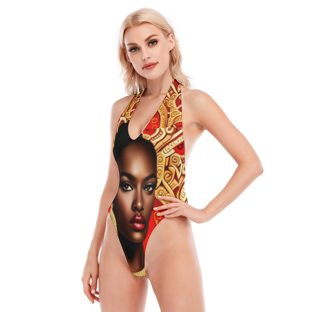 All-Over Print Women's Backless V-neck Skinny Bodysuit