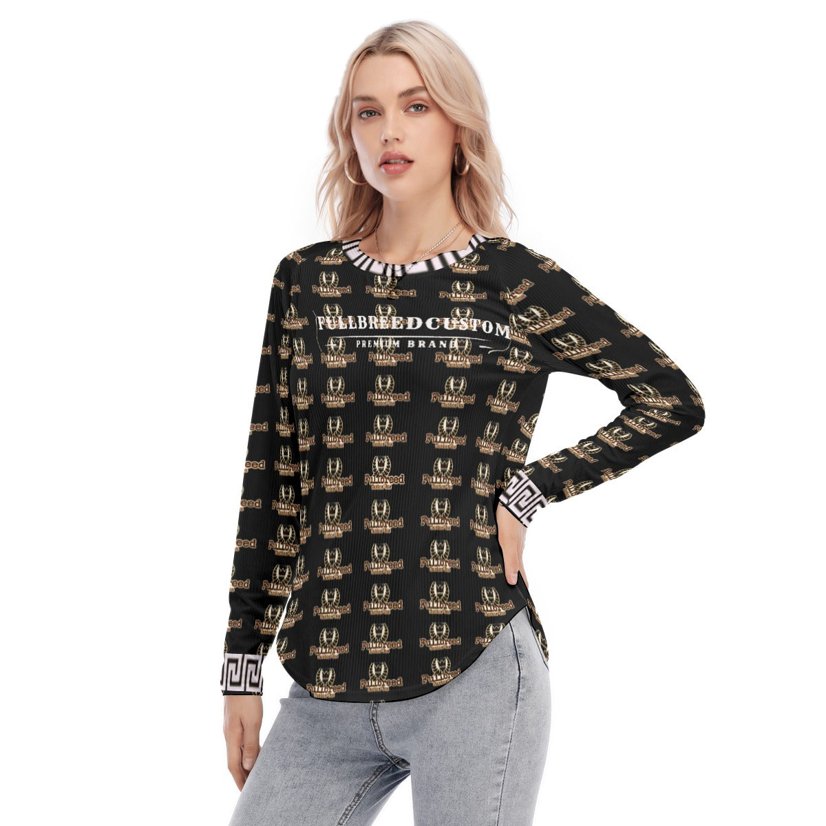 All-Over Print Women's Raglan Sleeves U-Shaped Hem Long Sleeves Blouse