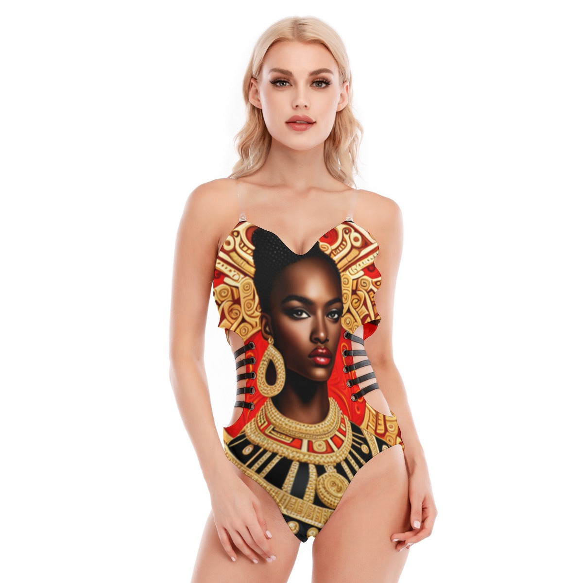 All-Over Print Women's Tube Top Bodysuit With Side Black Straps