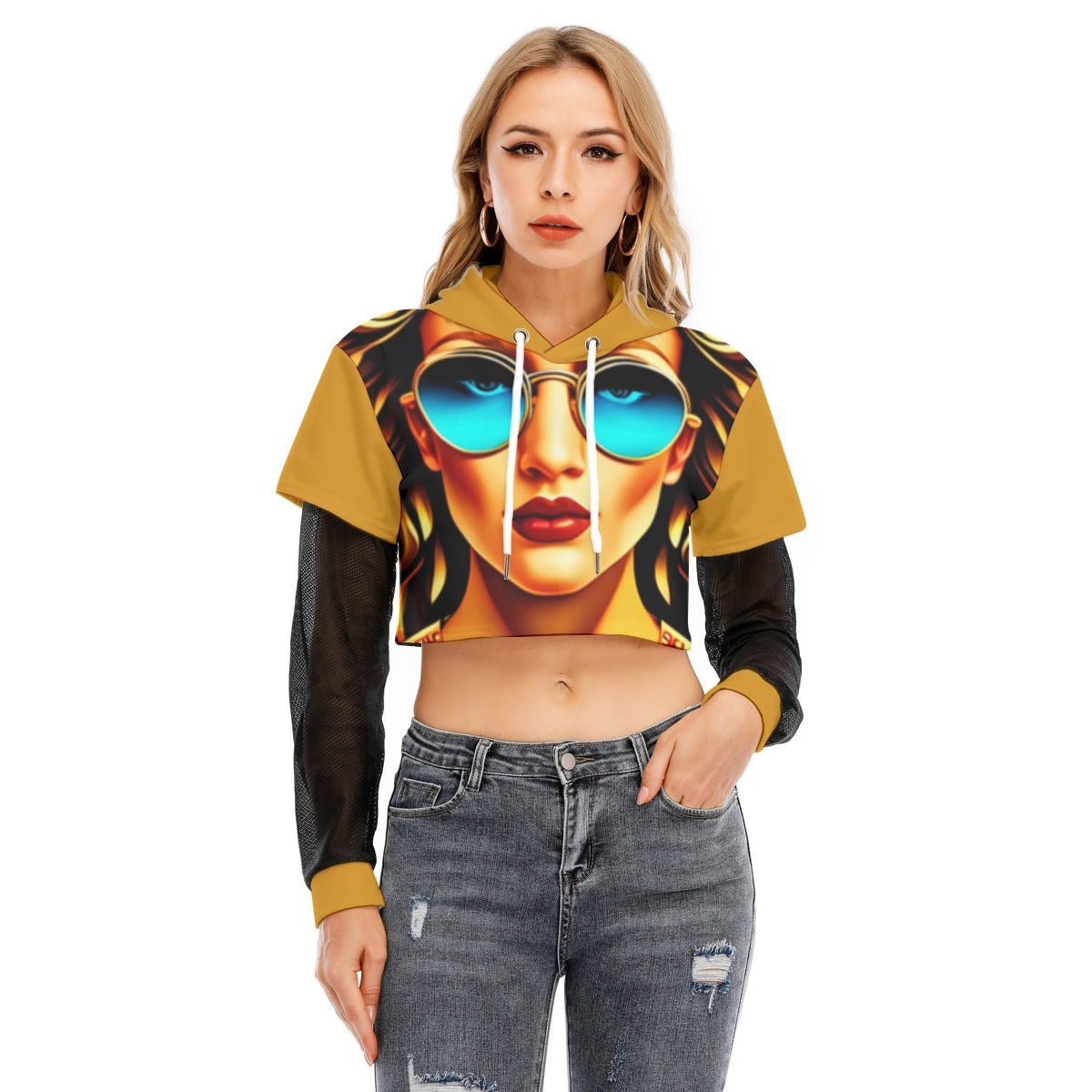 All-Over Print Women's Fake Two-piece Mesh Sleeve Cropped Hoodie