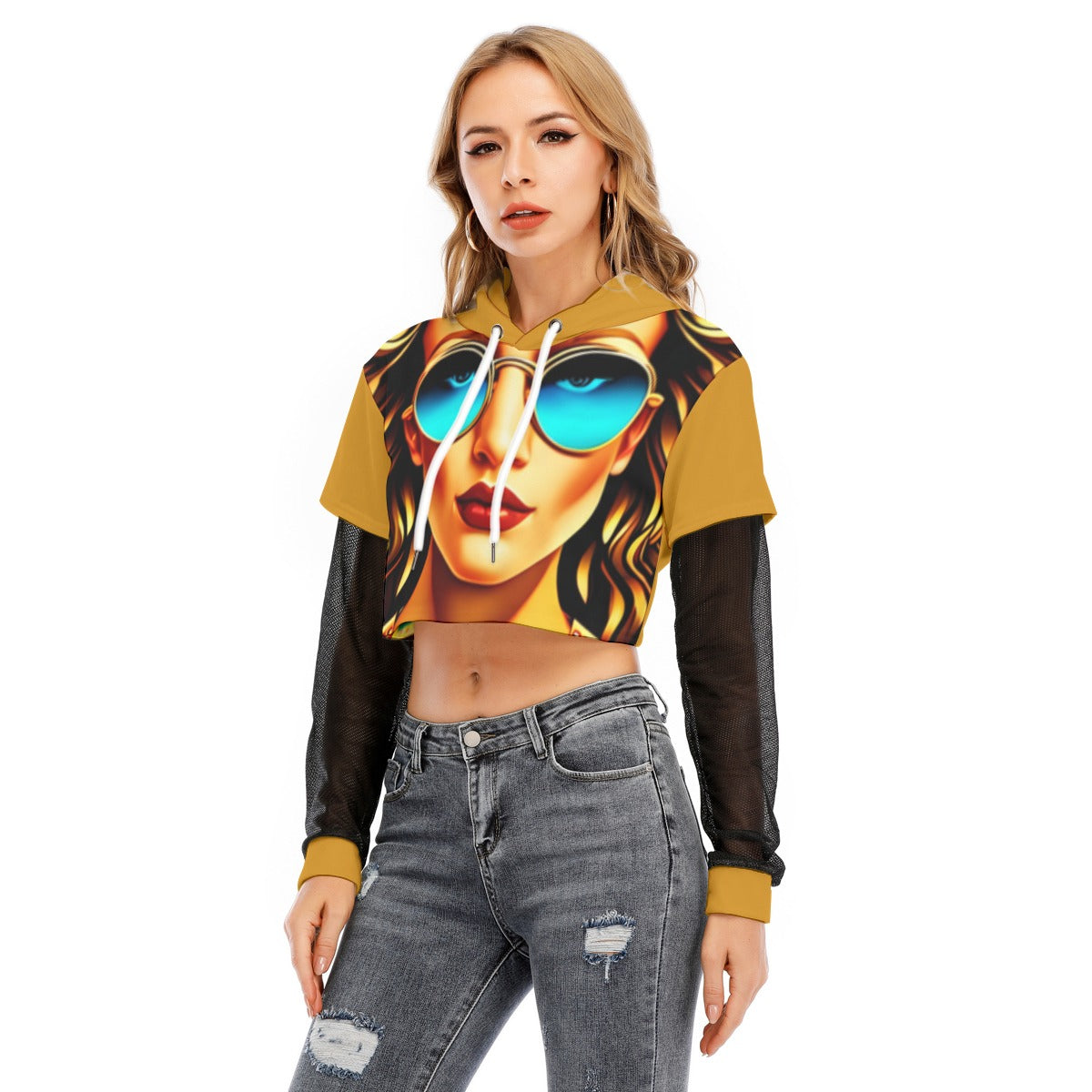 All-Over Print Women's Fake Two-piece Mesh Sleeve Cropped Hoodie