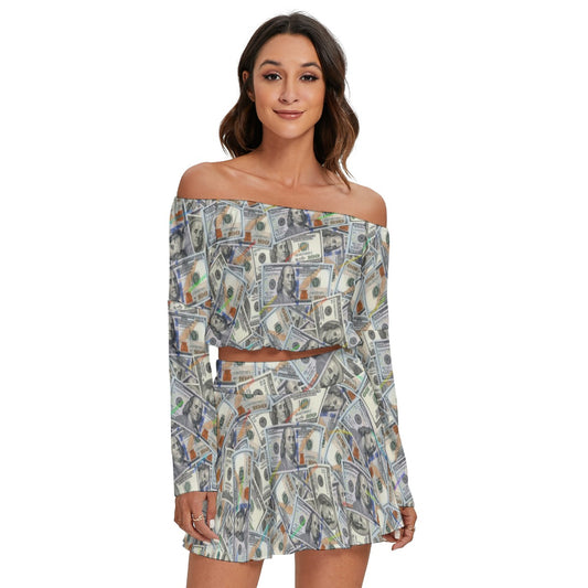 All-Over Print Women's Off-shoulder Top And Skirt Set