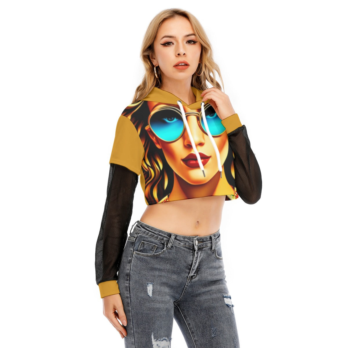 All-Over Print Women's Fake Two-piece Mesh Sleeve Cropped Hoodie